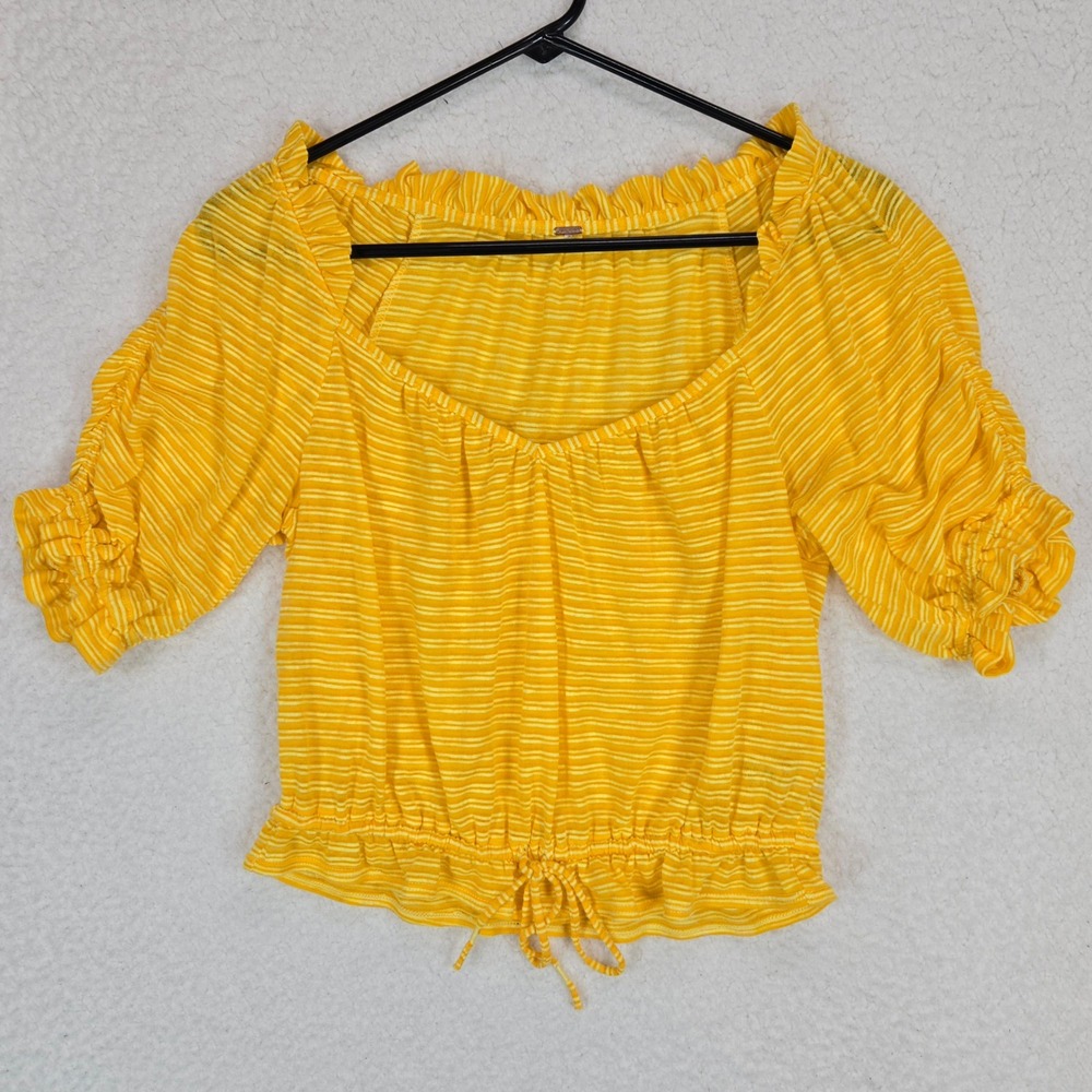 Free People Striped Blouse Womens XS Yellow Ruffle Puff‎ Sleeve Peplum Top